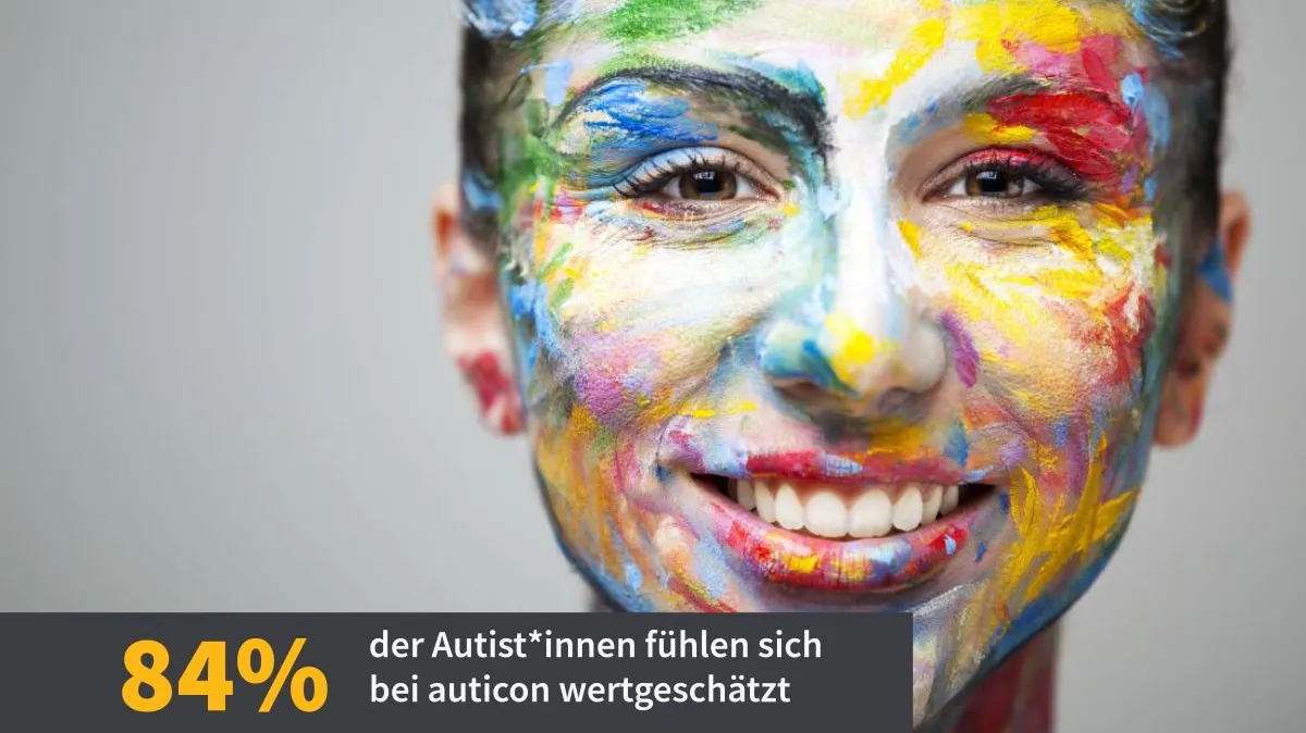 Frau mit lächelndem, bunt bemaltem Gesicht, Symbol für Vielfalt und das Maskieren von Autist*innen im Alltag; daneben der Text: „84 % der Autist*innen fühlen sich bei auticon wertgeschätzt“.