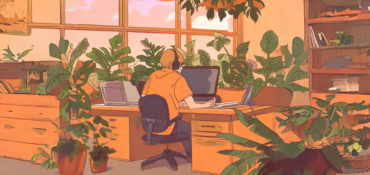 Ein junger Mann sitzt mit Kopfhörren und bequemer Kleidung in einem Büro und arbeitet am Laptop. Das Büro steht voller Pflanzen. Neben dem Schreibtisch stehen mehrere Regale. 