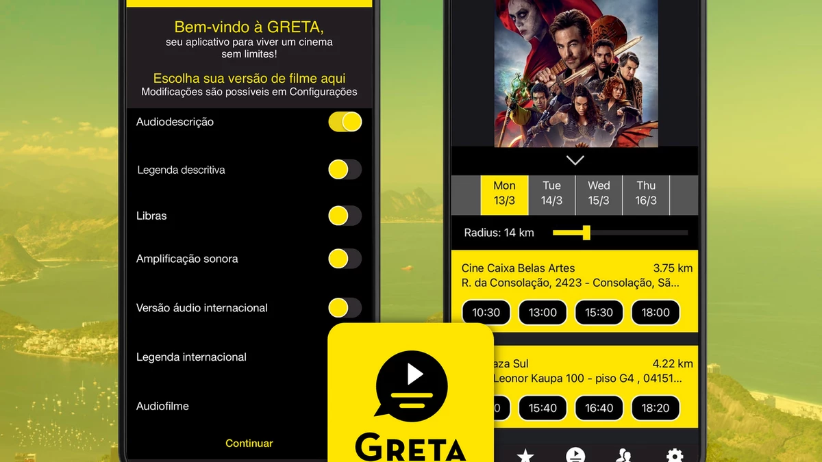 Auf dem Bild sind zwei Screenshots der Greta App zu sehen, mit einem Filmen und Showtimes für Brasilien.