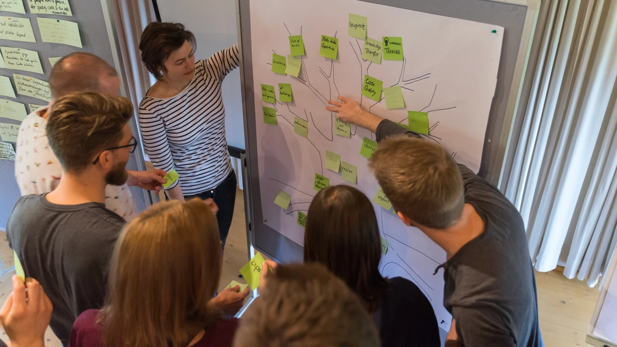 Eine Arbeitsgruppe bei einem Teamworkshop vor einem Flipchart