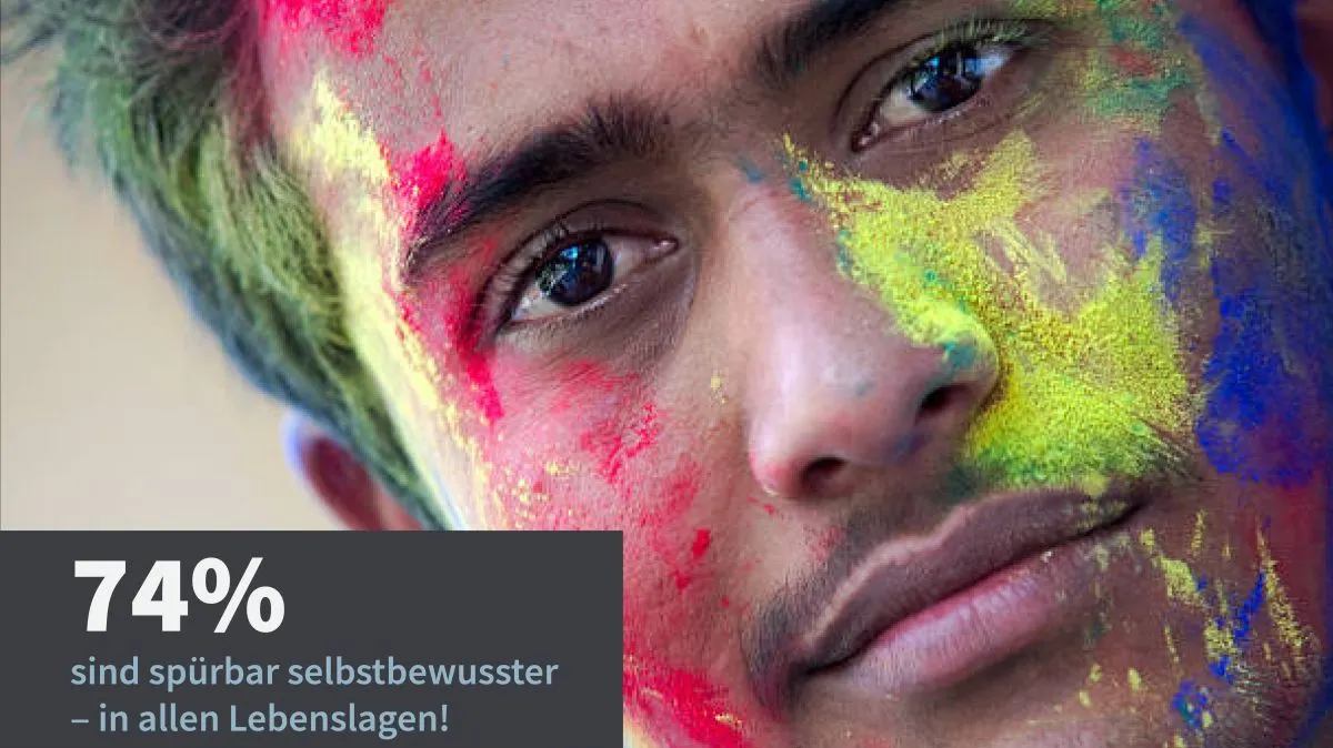 Ein junger Mann blickt ruhig und offen in die Kamera, sein Gesicht ist mit kräftigen Farben bemalt. Die Farben stehen symbolisch für die sichtbare Vielfalt und die persönliche Entwicklung, die viele autistische Menschen bei auticon erleben. Im Bild steht der Text: „74 % sind spürbar selbstbewusster – in allen Lebenslagen!“