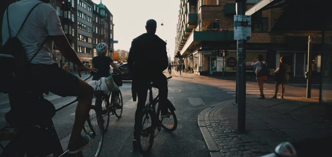 Menschen auf Fahrrädern stehen an einer Ampel – Ansicht von hinten 