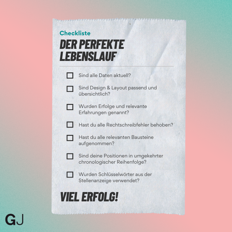 Auf einem pastelligen Hintergrund ist ein illustrierter Papierzettel mit einer Checkliste für den perfekten Lebenslauf