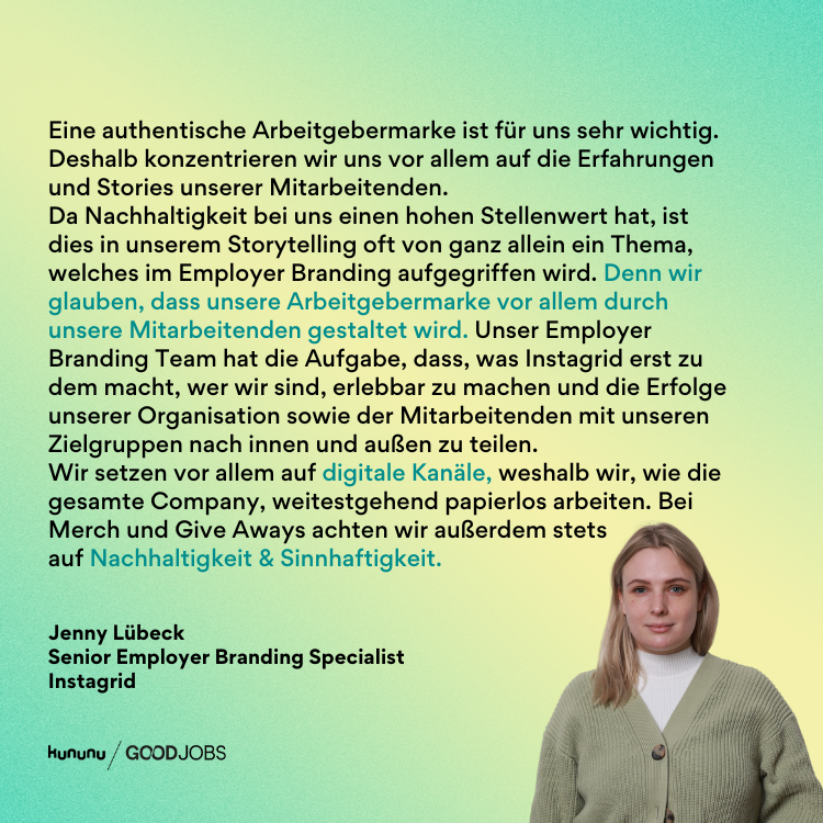 Zitat von Jenny Lübeck (instagrid) zur Bedeutung von Nachhaltigkeit im Employer Branding